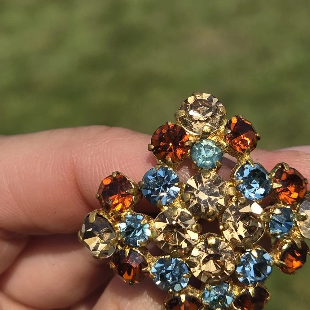 Vintage Austrian Gold-Tone Pin Brooch Orange & Blue Rhinestones.